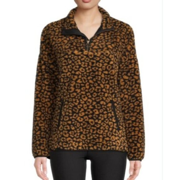 Time And Tru Fleece 1/4 Zip Shirt Leopard Print Womens Large Black Yellow - Picture 1 of 9
